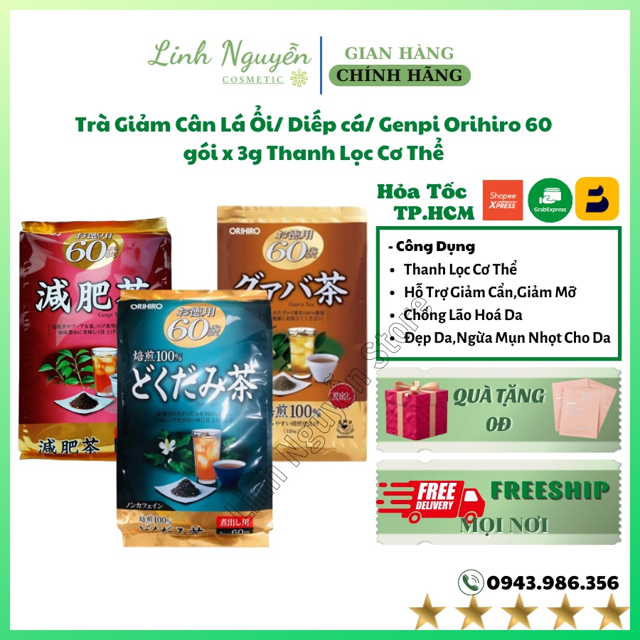 Trà Giảm Cân Lá Ổi/ Diếp cá/ Genpi, trà tiêu mỡ Orihiro 60 gói x 3g Thanh Lọc Cơ Thể