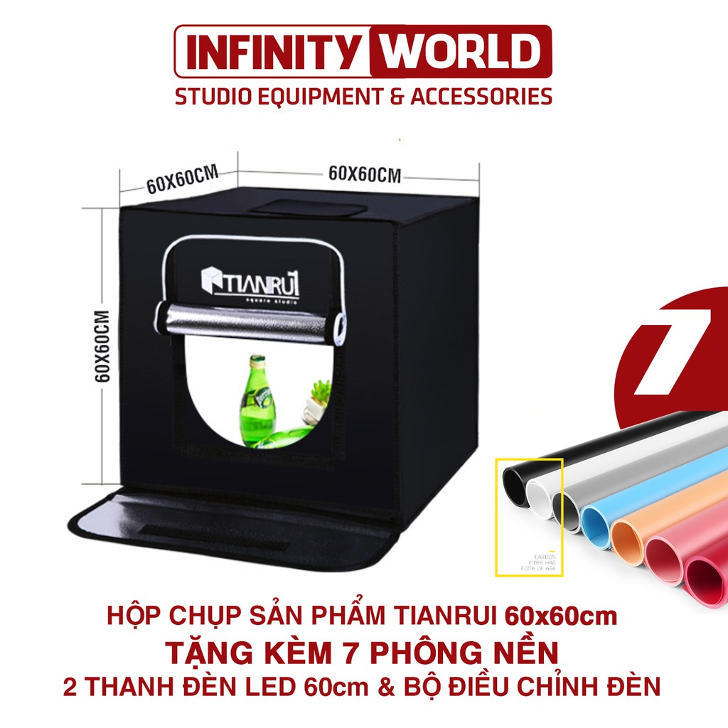 Hộp đèn chụp ảnh sản phẩm chuyên nghiệp TIANRUI 60x60cm (Đã gồm 2 LED Và bộ điều chỉnh độ sáng)(Tặng kèm 7 phông nền)