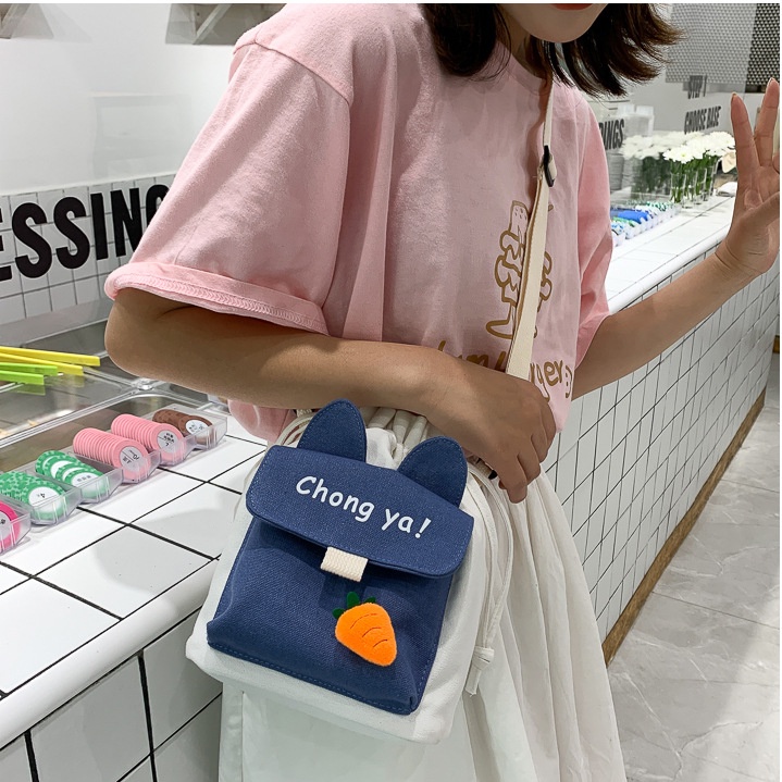 Túi đeo chéo rút miệng phong cách xách Nhật Bản thời trang cho nữ Vải Canvas Tặng Kèm 1 Sticker