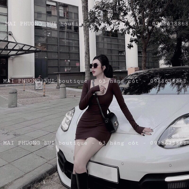 Váy body dày dặn hai màu nâu be