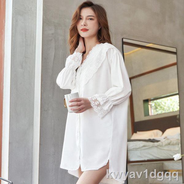 Pyjama nữ day ice silk sexy beauty màu trắng lạnh trong phong cách bạn trai lỏng lẻo kiểu áo sơ mi rộng rãi aHH