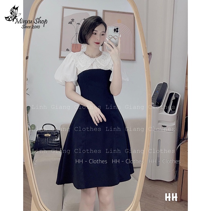 Váy Thiết Kế VNXK Cổ Ren Siêu Xinh, Đầm Công Sở Tay Bồng Dáng Xoè Cao Cấp Sang Trọng Minxu Shop mã VAY02