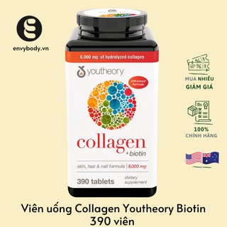 Viên uống Collagen trắng đẹp da nội tiết tố Youtheory Biotin 390 viên Collagen 600mg hair nail skin của Mỹ