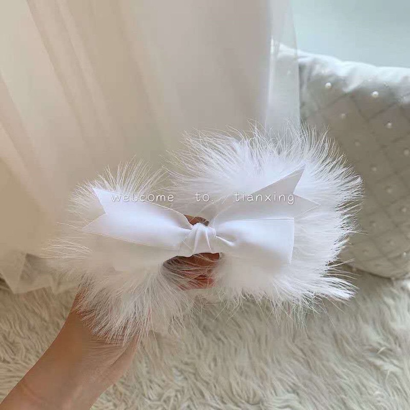 Kẹp Tóc Nơ Phối Lông Vũ Màu Trắng Xinh Xắn Đáng yêu