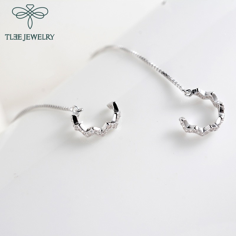 Khuyên tai bạc nữ TLEE dáng kẹp ziczac nạm đá tua dài nữ tính TleeJewelry B0202