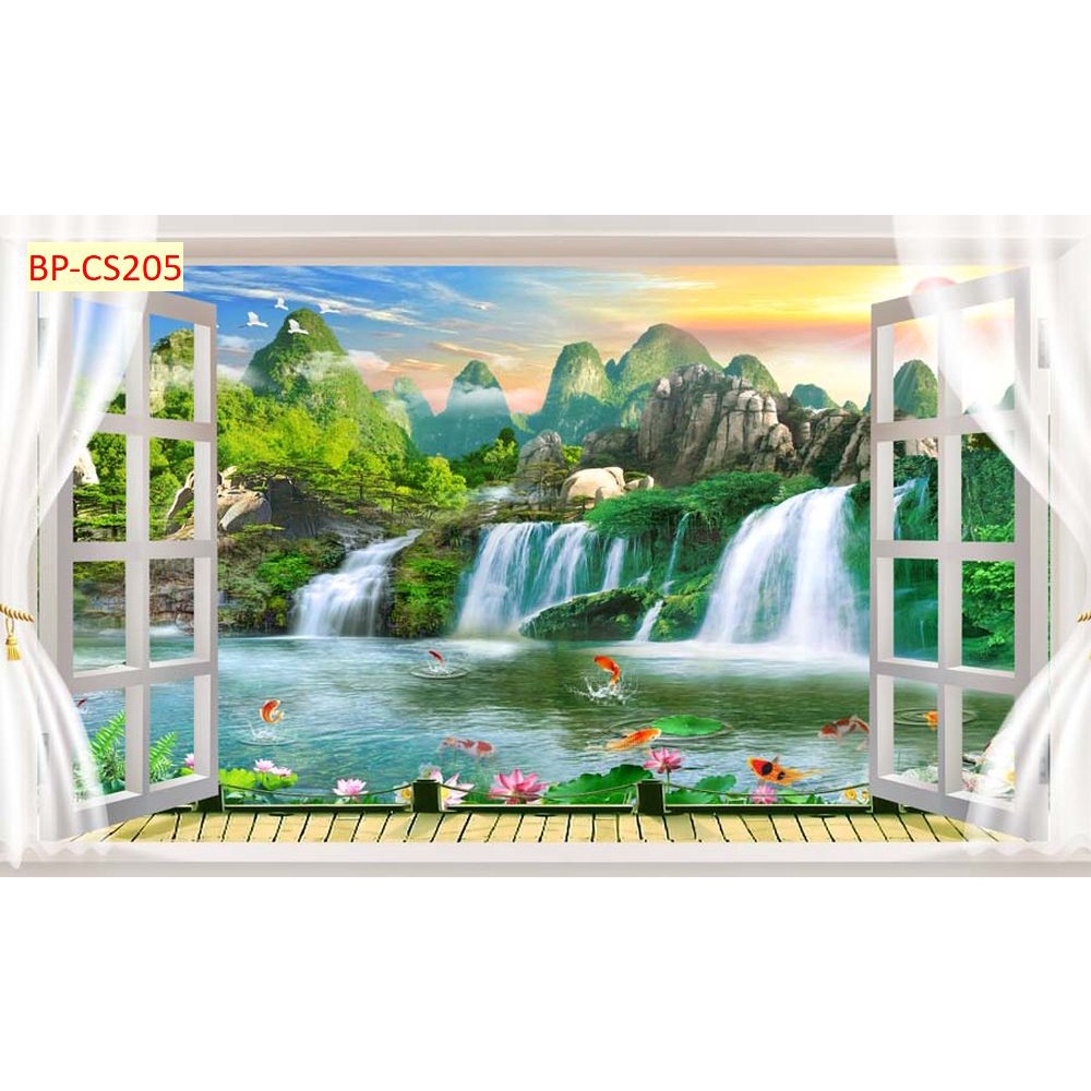 Tranh dán tường 3D khung cửa sổ thiên nhiên trong lành Vải Lụa 3D Cao Cấp