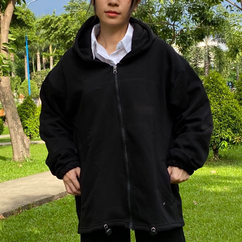 Áo Hoodie Kéo Khóa Rút Dây Màu Đen Basic Chất nỉ bông