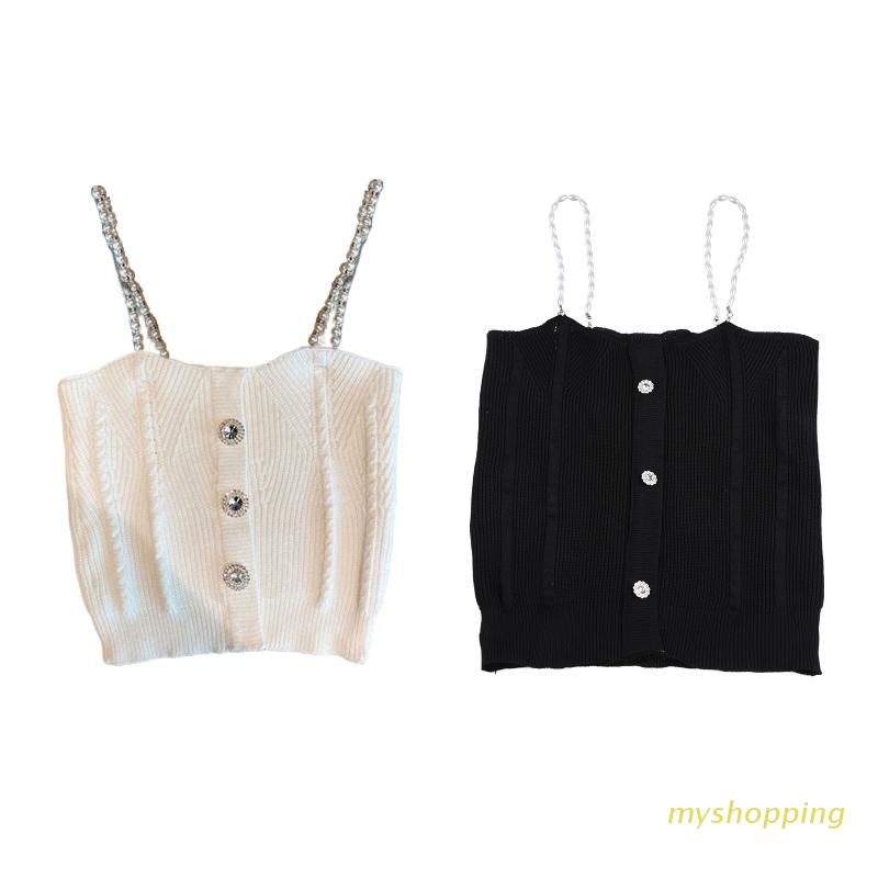 Áo Croptop Dệt Kim Không Tay Dáng Ôm Đính Đá Ngọc Trai Phối Dây Xích Thời Trang Sang Trọng Cho Nữ