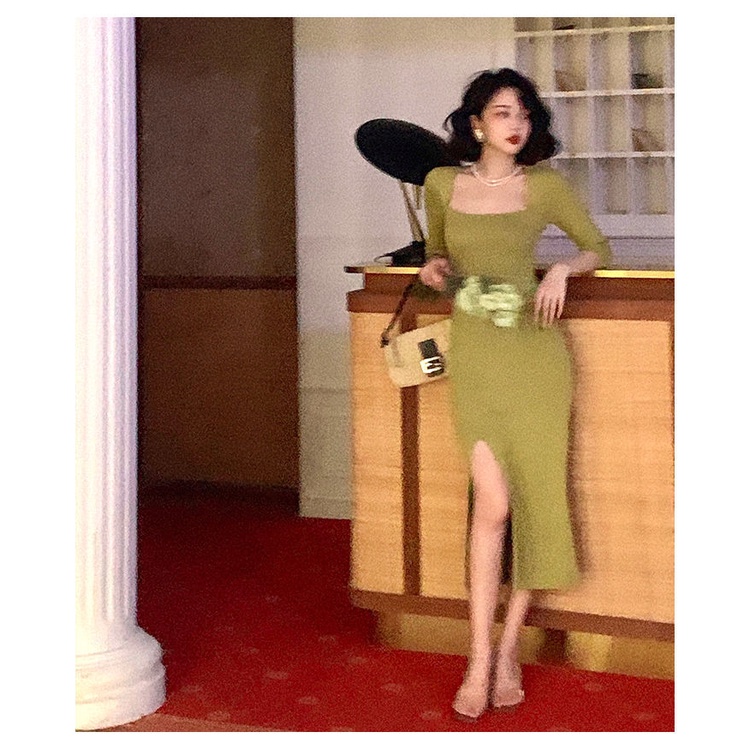 Hong Kong style square neck knit dress