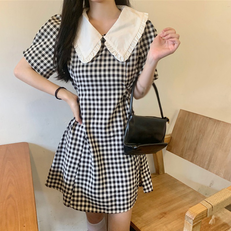 Đầm Tay Ngắn Cổ Búp Bê Họa Tiết Sọc Caro Phong Cách Hàn Quốc Thời Trang Mùa Hè Xinh Xắn