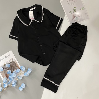 (xả hàng) Set Bộ Lụa Satin Tiểu Thư Tay Ngắn Quần Dài Viền Ren Sang Trọng.