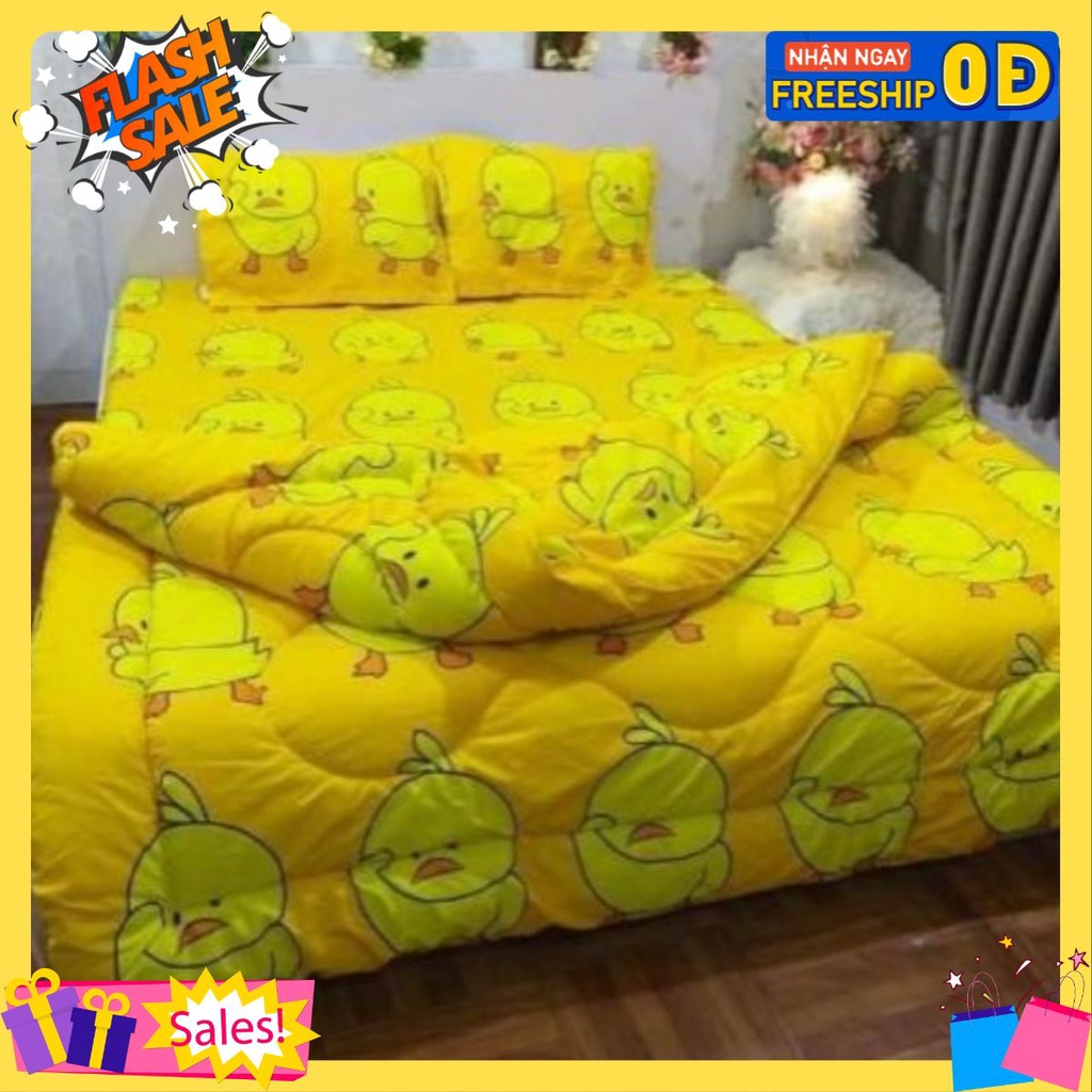 Bộ drap 1.4x2m nền vàng vịt con ngốc nghếch+2 vỏ gối ms018