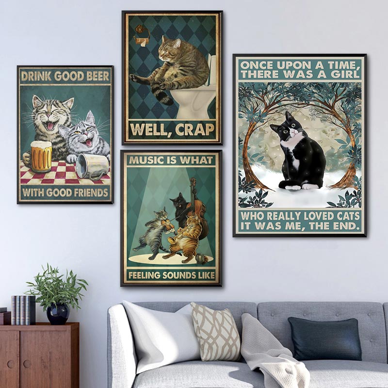 Tranh Vải Bạt Treo Tường In Hình Mèo Đen / Cà Phê / Đọc Sách Kiểu Vintage Trang Trí Nhà Cửa