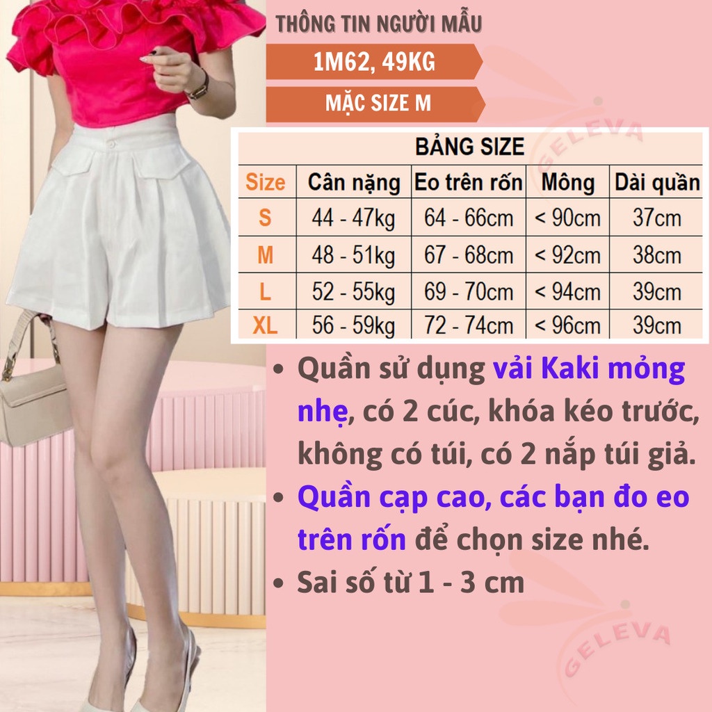 Quần short đùi giả váy nữ xếp ly nắp túi vải kaki có 2 khuy cực xinh Geleva GE941