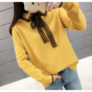 Áo len nữ cổ sơ mi phối nơ đẹp