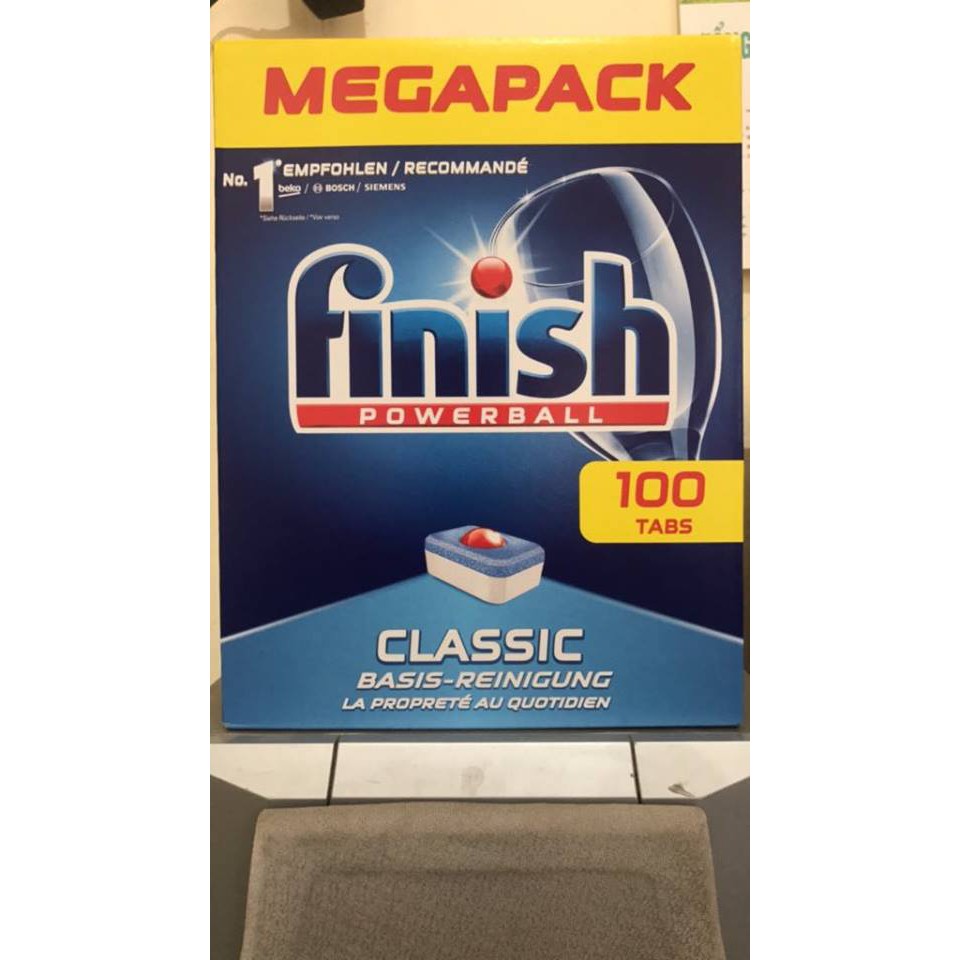 Viên rửa chén ly Finish Classic tác dụng 3 trong 1 loại 100 viên dùng rửa chén bát (tích hợp muối bóng )