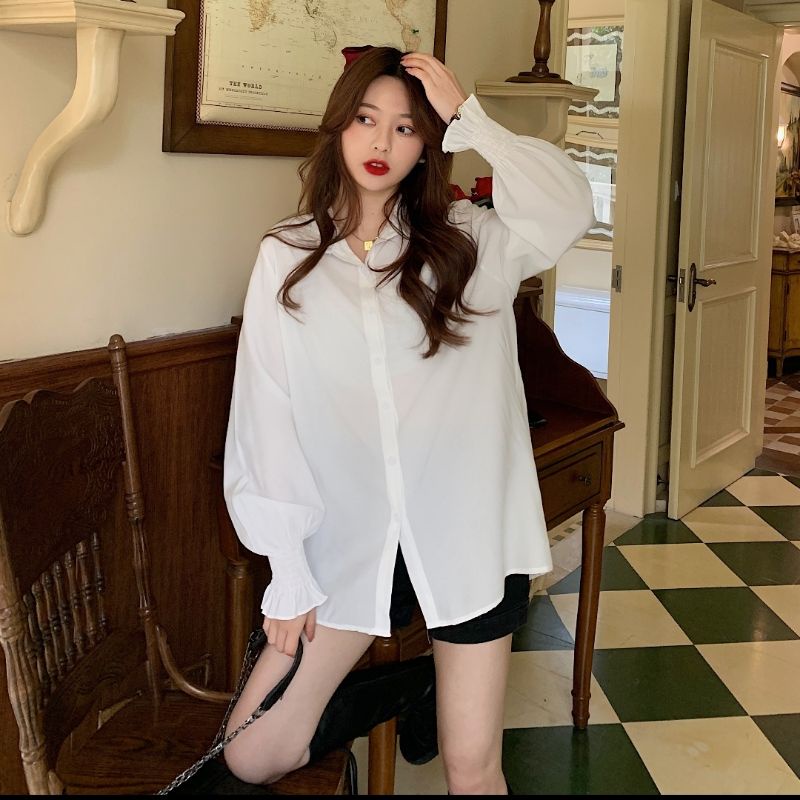 Áo sơ mi trắng nữ oversize tay bo chun ảnh thật