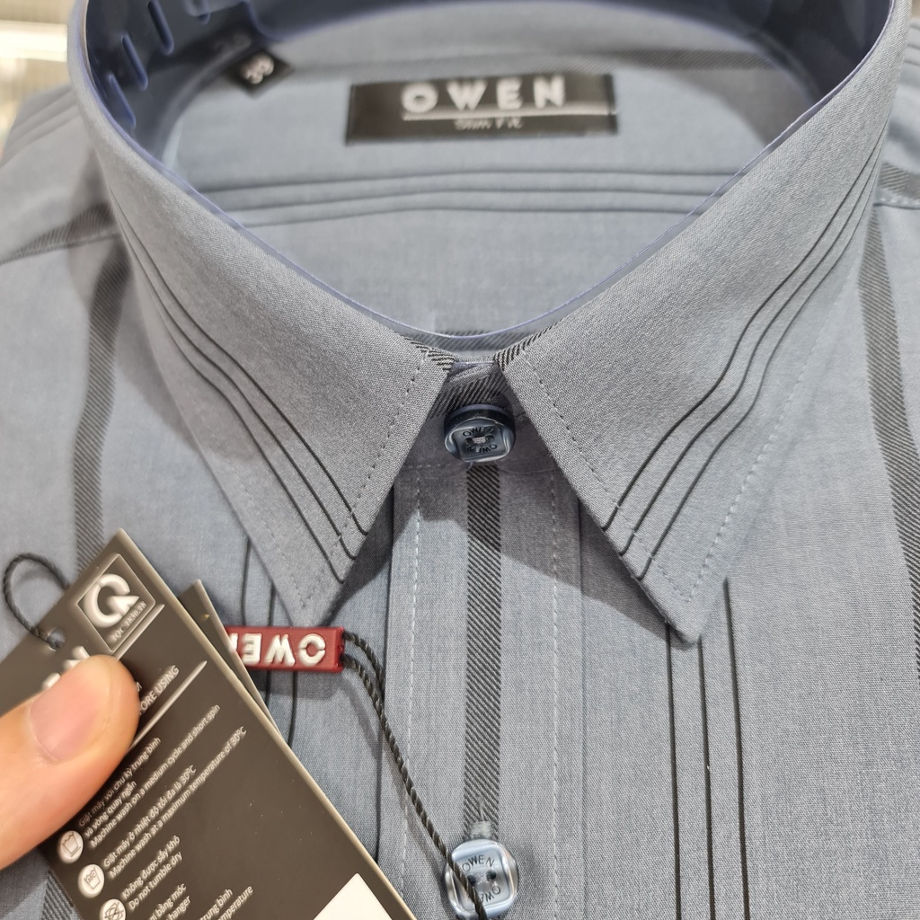 Áo Sơ Mi Nam Dài Tay Owen AS23379D Somi Công Sở Cao Cấp Màu Ghi Xám Kẻ Sọc Dáng Slim Fit Không túi Chất Liệu Sợi Tre