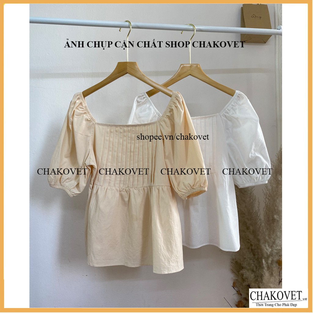 Áo sơ mi nữ tay bồng màu trắng be A856, kiểu áo nữ cộc tay cổ vuông xếp ly ngực, dáng áo babydoll đẹp trẻ trung cá tính | BigBuy360 - bigbuy360.vn