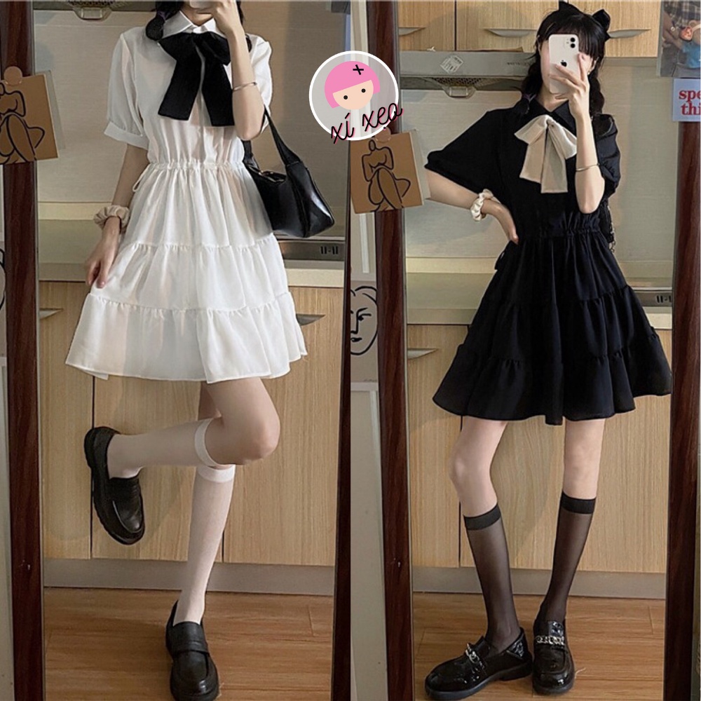 Váy nơ ngực đầm babydoll đen trắng phong cách Hàn Quốc xixeoshop - v18
