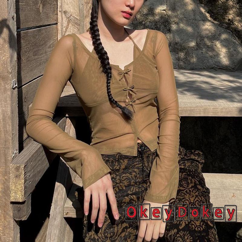 Áo Croptop Tay Dài Dáng Ôm Màu Trơn Phối Nơ Xuyên Thấu Gợi Cảm Cho Nữ