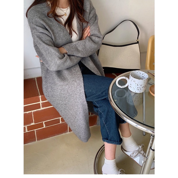 [Spot] Áo Khoác cardigan Dệt Kim Mỏng Dài Qua Gối Cổ Chữ V Đơn Giản Phong Cách Hàn Quốc Thời Trang Dành Cho Nữ