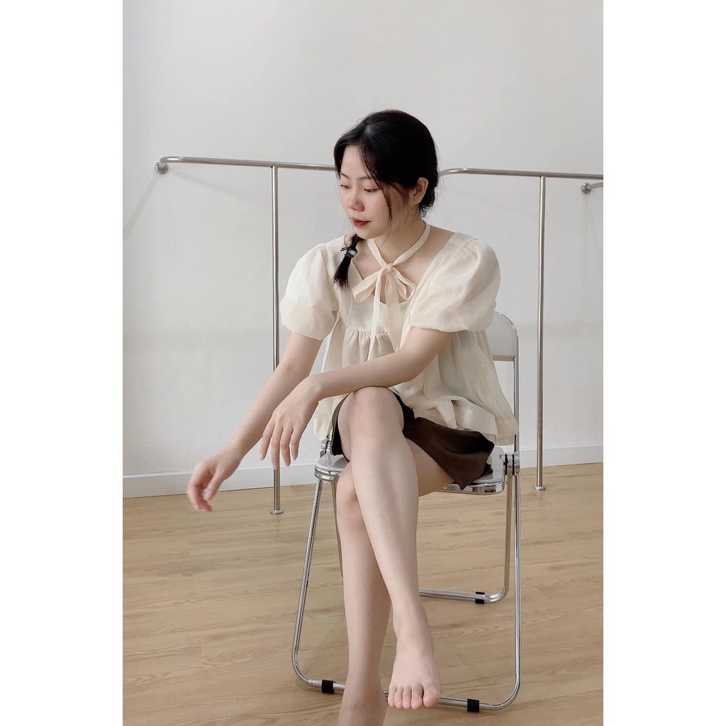 Set Áo+Quần Babydoll Cực Xinh, Áo Voan Tay Bồng Kèm Quần Nâu Thô Đẹp