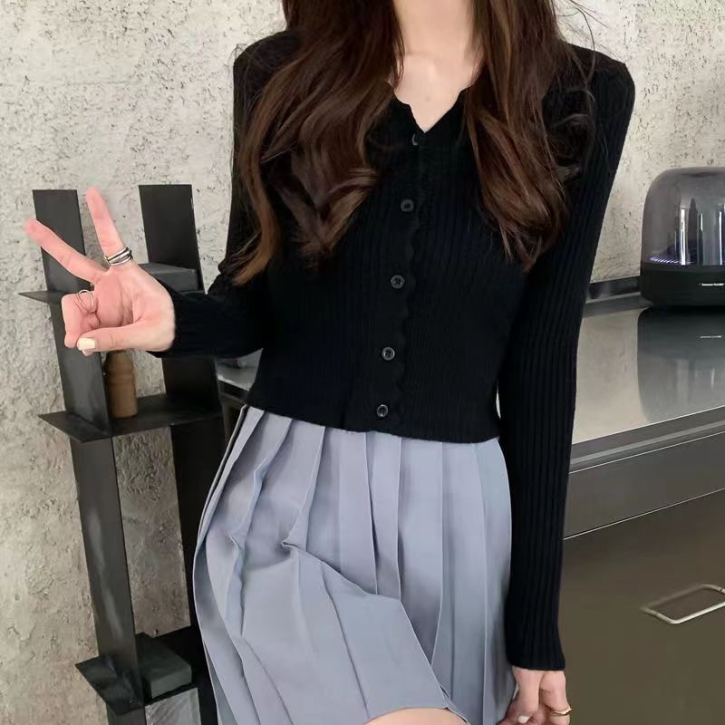 💓áo croptop tay dài Áo Cardigan Dệt Kim Tay Dài Cổ Chữ v Màu Hồng Kèm Quần Lưng Cao Thời Trang Dành Cho Nữ