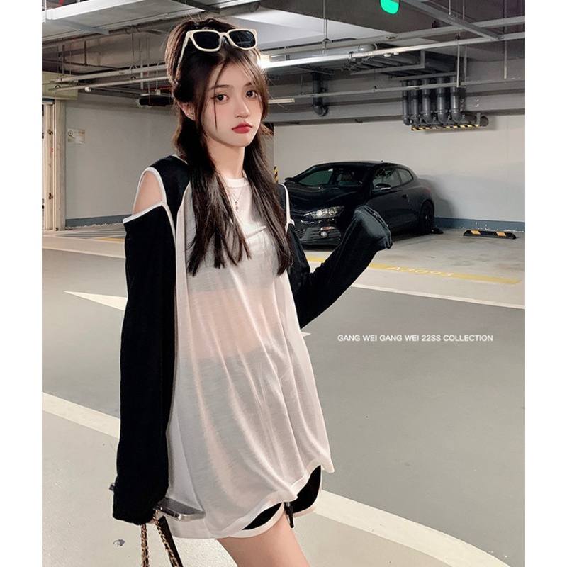 Áo Thun Tay Dài Dáng Rộng Hở Vai Phối Màu Tương Phản Thời Trang Mùa Hè Dành Cho