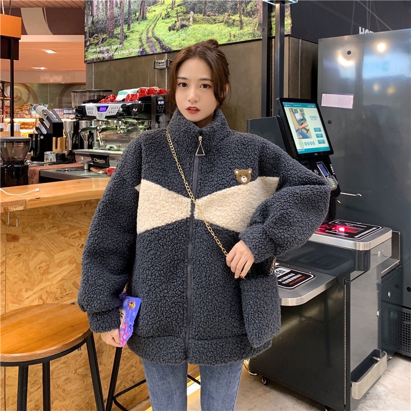 Áo khoác IELGY chất liệu lông cừu cashmere giả dáng rộng phong cách Hàn Quốc dành cho nữ