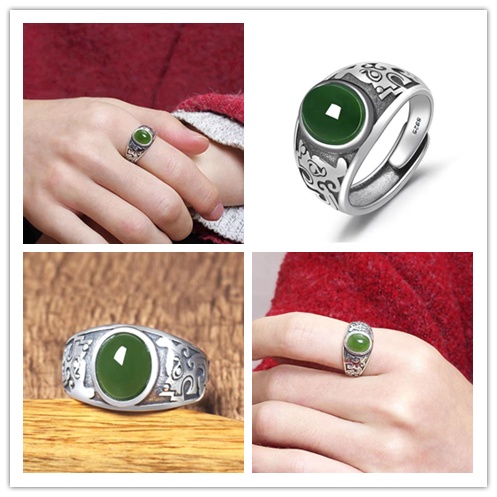 Nhẫn Bạc Đính Ngọc Lục Bảo Nhân Tạo Có Thể Điều Chỉnh Phong Cách Vintage Dành Cho Nam Và Nữ