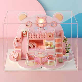 Mô hình nhà búp bê lắp ghép có đèn Mẫu Bear WorkShop tặng kèm Mica, keo dụng cụ