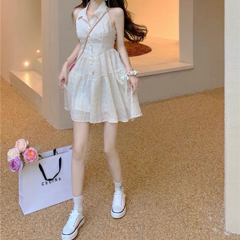 Váy Xòe Hở Vai Có Cổ Phối Dây Thắt Nơ Phía Sau Dễ Thương