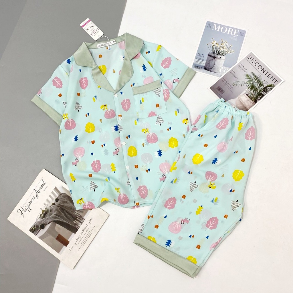 Bộ Pijama lửng lụa mango phối hàn loại 1 mềm mịn mát ♥️không nhăn nhàu bai xù♥️co giãn nhẹ♥️họa tiết sắc ♥️full size