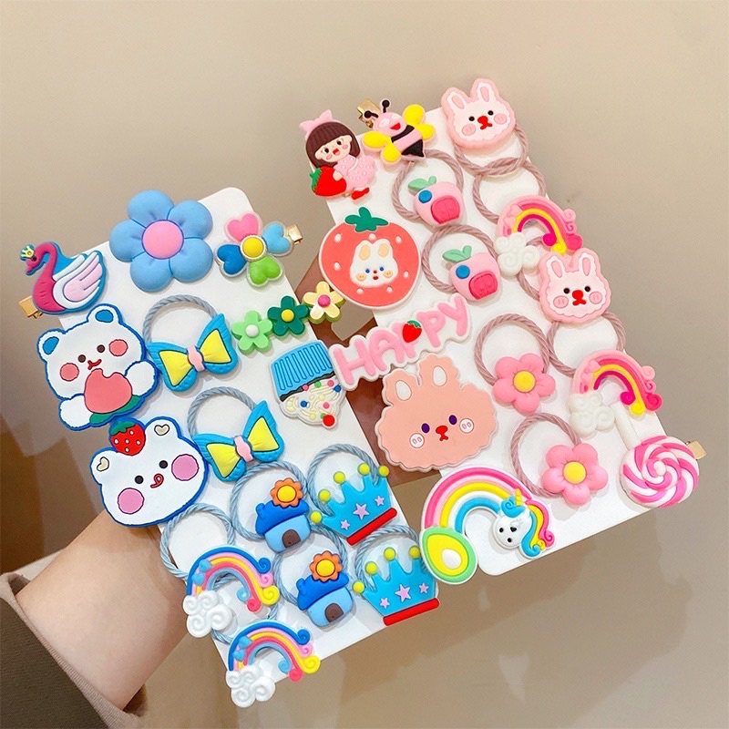 Set 15 phụ  kiện  Dây Cột Tóc Và Kẹp Tóc  Cao Su Màu Cầu Vồng Phong Cách Hàn Quốc Dễ Thương Cho Bé Gái