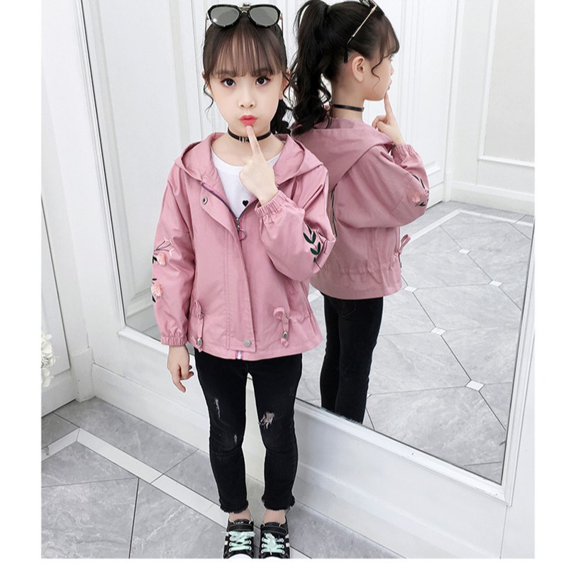 Áo khoác gió bé gái Size 17-48kg chất liệu vải kaki dây rút bo gấu phối  hoa dây thêu xinh xắn AK30
