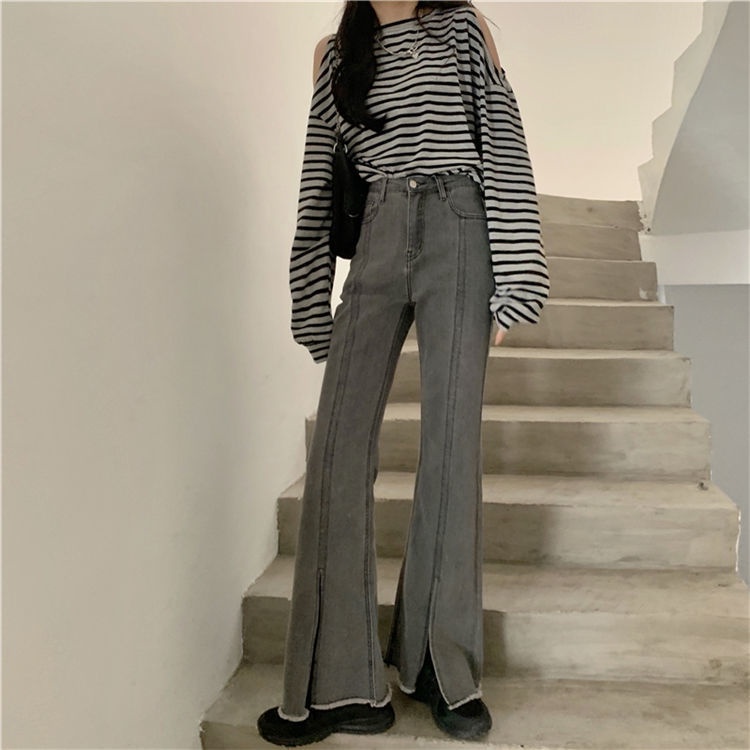 Quần jean ống rộng lưng cao xẻ tà thiết kế mới thời trang theo phong cách hàn quốc cho nữ