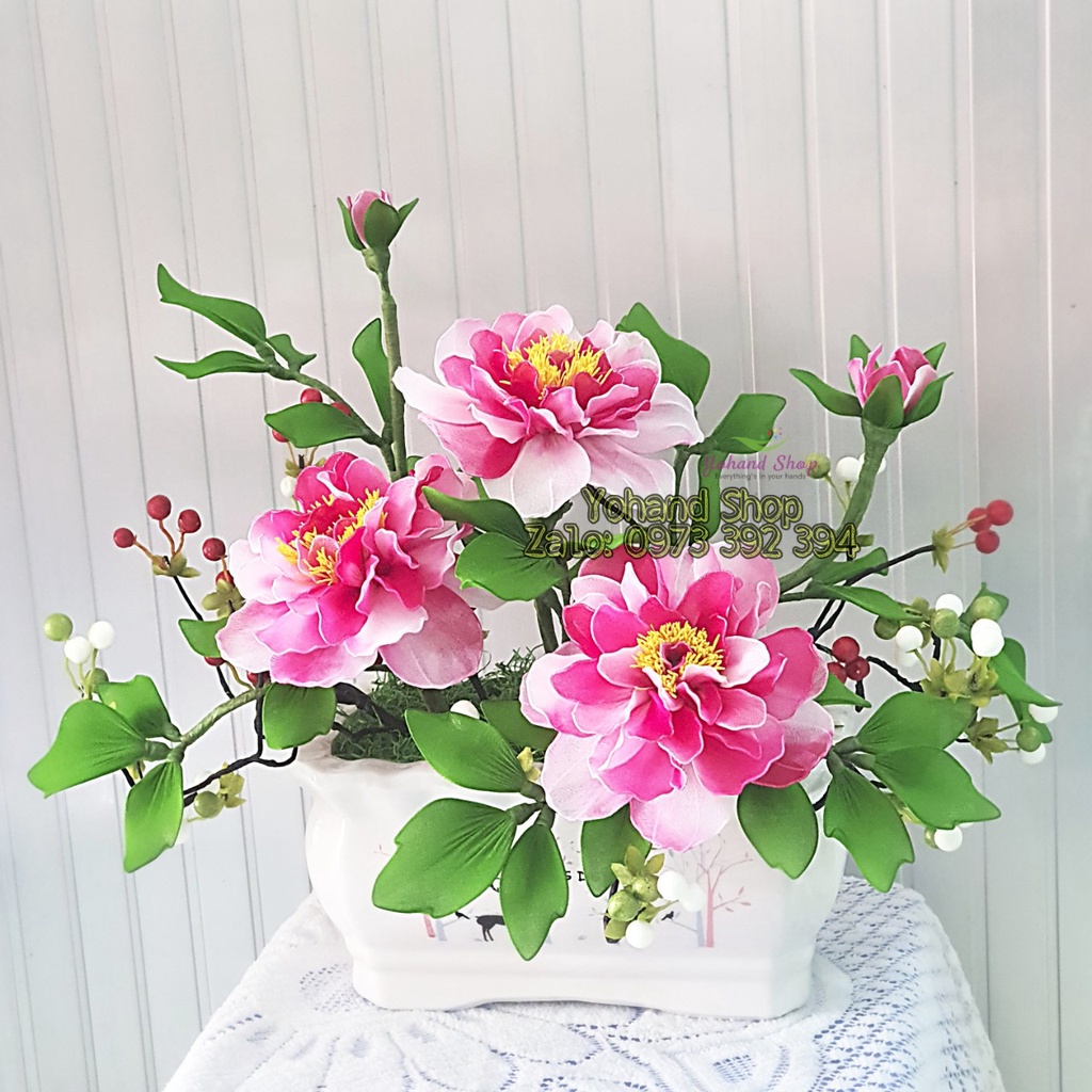 Chậu hoa mẫu đơn trang trí đẹp sang trọng cho phòng khách
