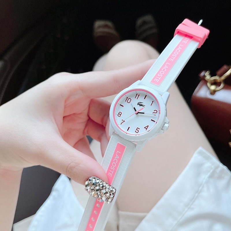 -Đồng hồ nữ Lacoste dây silicon trắng mix hồng dọc thân