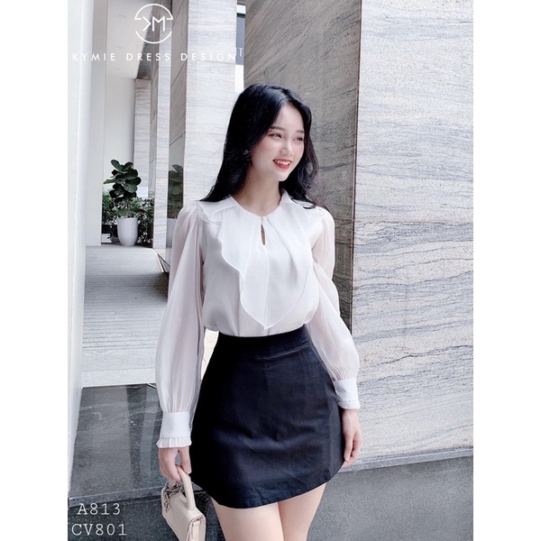 áo tơ óng cổ bèo đính cúc ngọc