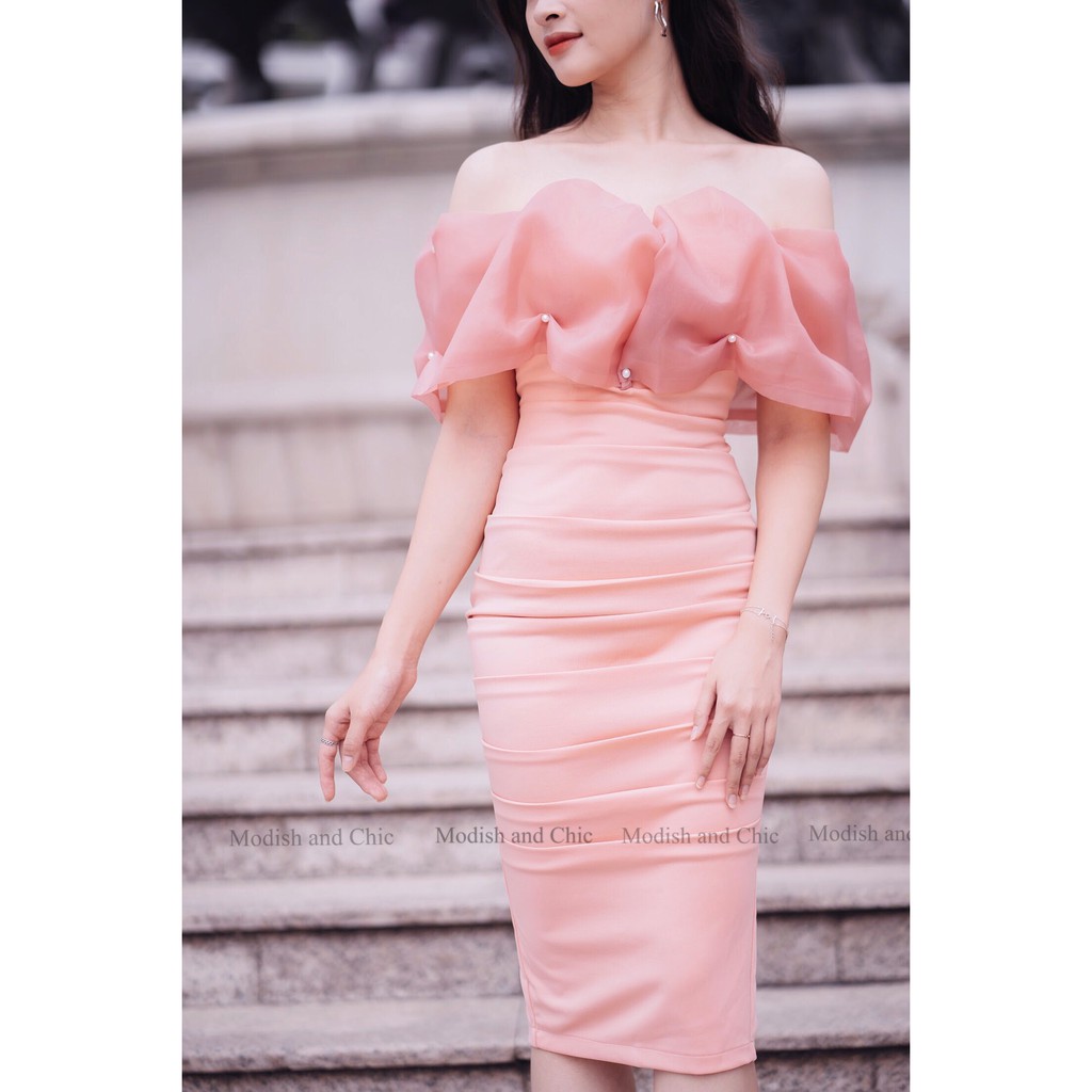 Váy hồng body trễ vai V1635 - MC phân phối chính thức