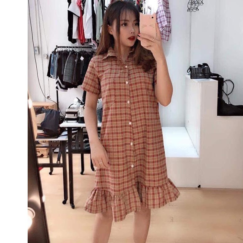 [Mã FAMAYWA2 giảm 10K đơn 50K] Váy sơ mi caro vintage đuôi xòe | BigBuy360 - bigbuy360.vn