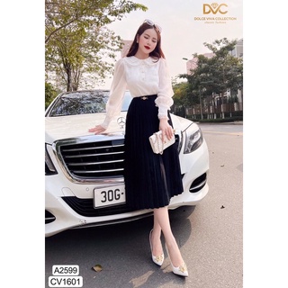 A2599 CV1601 - set áo voan trắng và chân váy đen