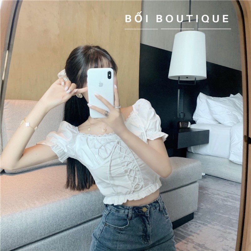 [100% GIỐNG ẢNH] Áo croptop cổ vuông tay ngắn ôm eo hợp thời tang trang hè | BigBuy360 - bigbuy360.vn