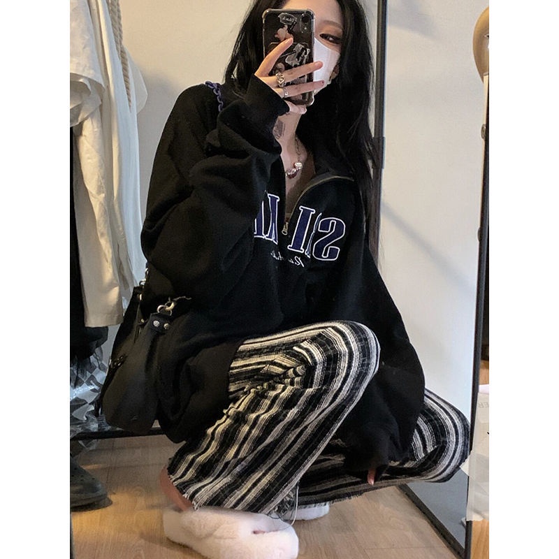 Áo Thun Cổ polo Mỏng Có Khóa Kéo Phong Cách Hip Hop Đường Phố Mỹ Thời Trang Xuân Thu Cho Nữ