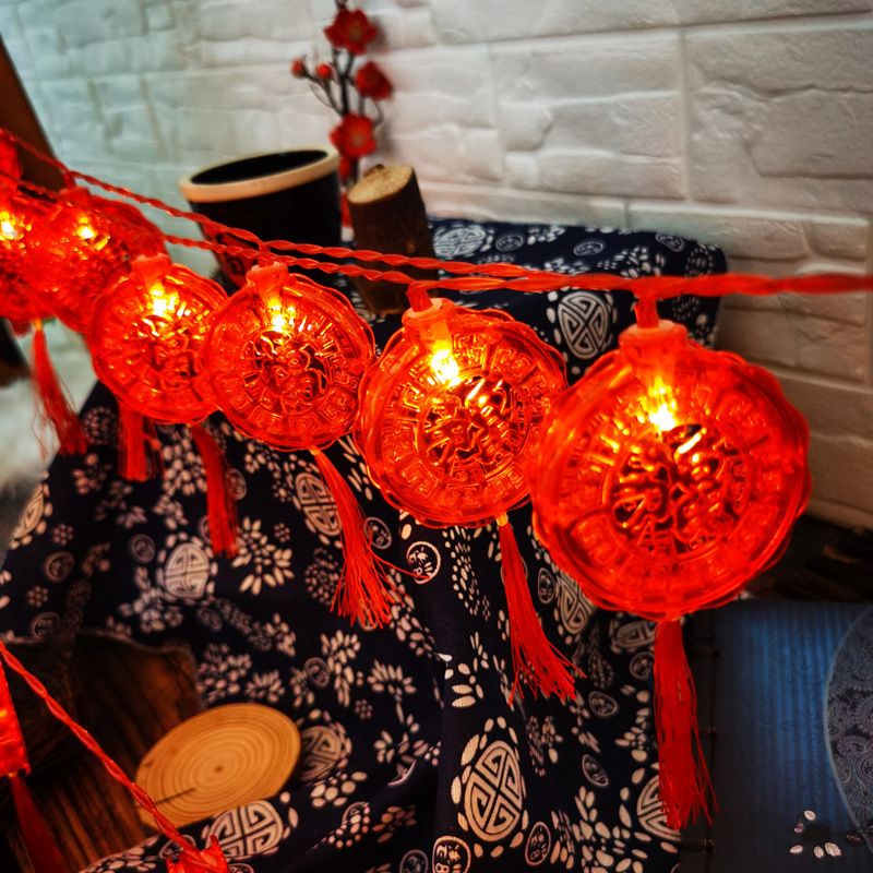 Dây đèn led lồng đèn pha lê, dây đồng tiền đỏ trang trí lễ Tết