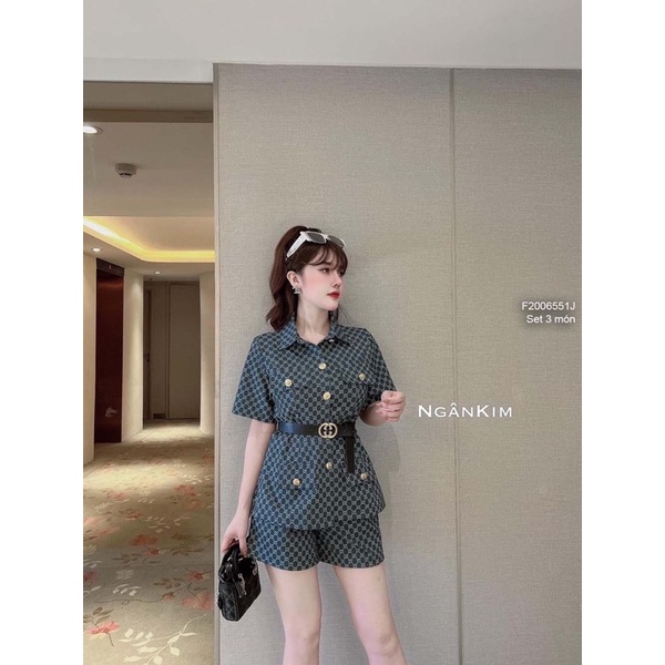 Set 3 món áo sơ mi đắp túi nắp sang xịn phối quần short kèm đai