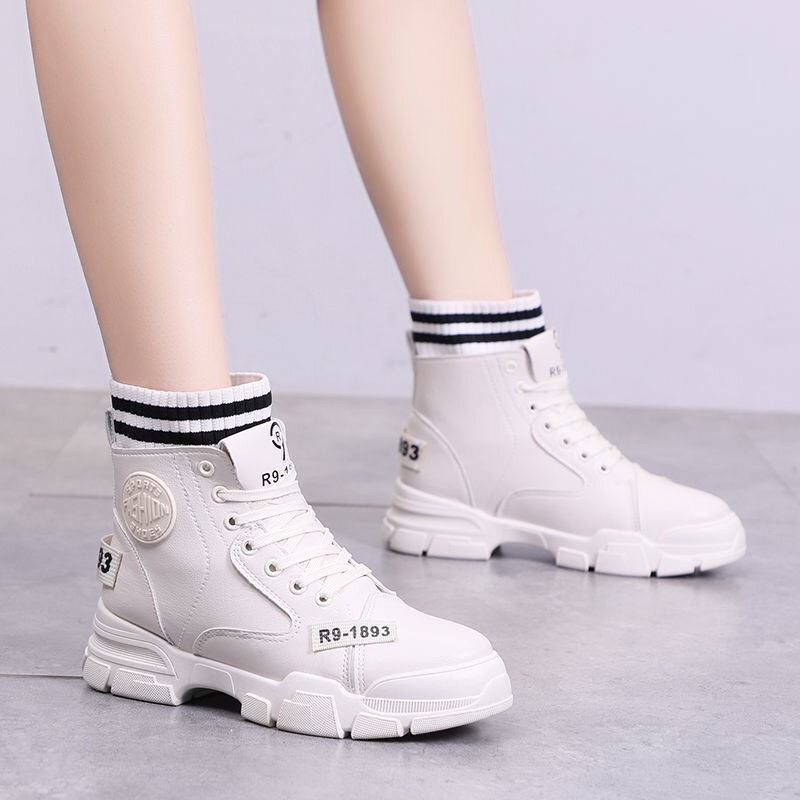 Giày MWC 0566 - Giày Thể Thao Nữ Cổ Cao, Sneaker Da Phối Vải, Sneaker Đế Cao Cá Tính