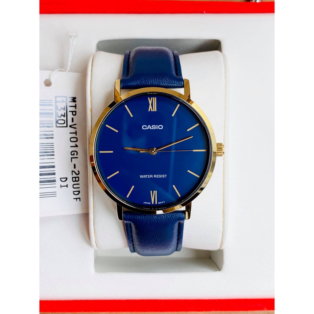 Đồng hồ Nam Casio MTP-VT01GL-2B, đồng hồ chính hãng, dây da trơn xanh mặt xanh, viền vàng