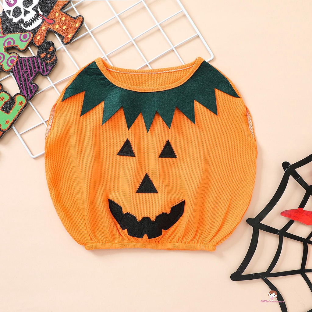 Áo thun không tay cổ tròn hình quả bí ngô phong cách Halloween thời trang cho bé trai và bé gái 6TH-4T